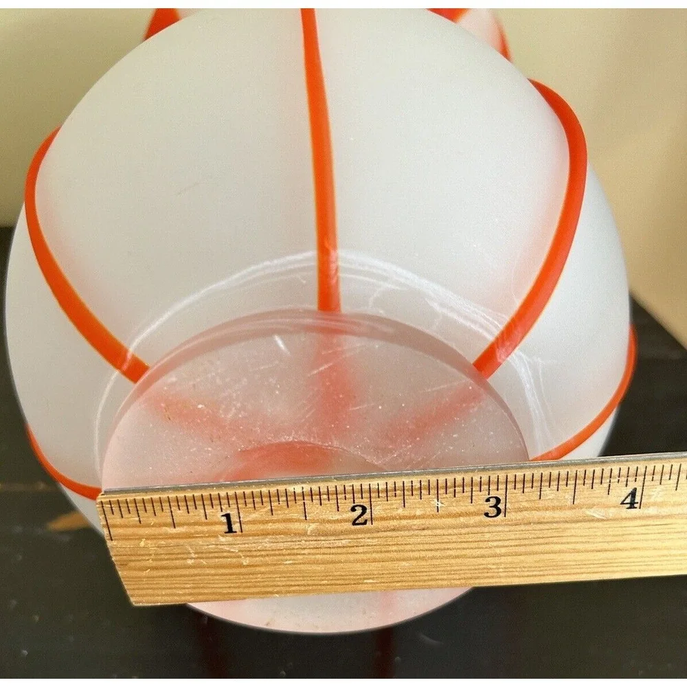 hand Blown Satin Glass With‎ Orange Textured Stripes Vase approx 8-1/2